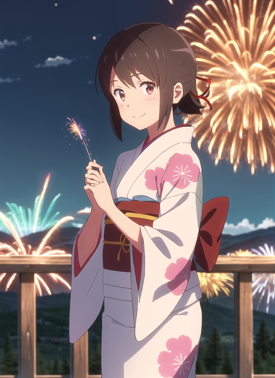 shinkai makoto, kimi no na wa.,  1girl, aerial fireworks, bangs, blue kimono, blush, brown hair, fireworks, floral print, ...